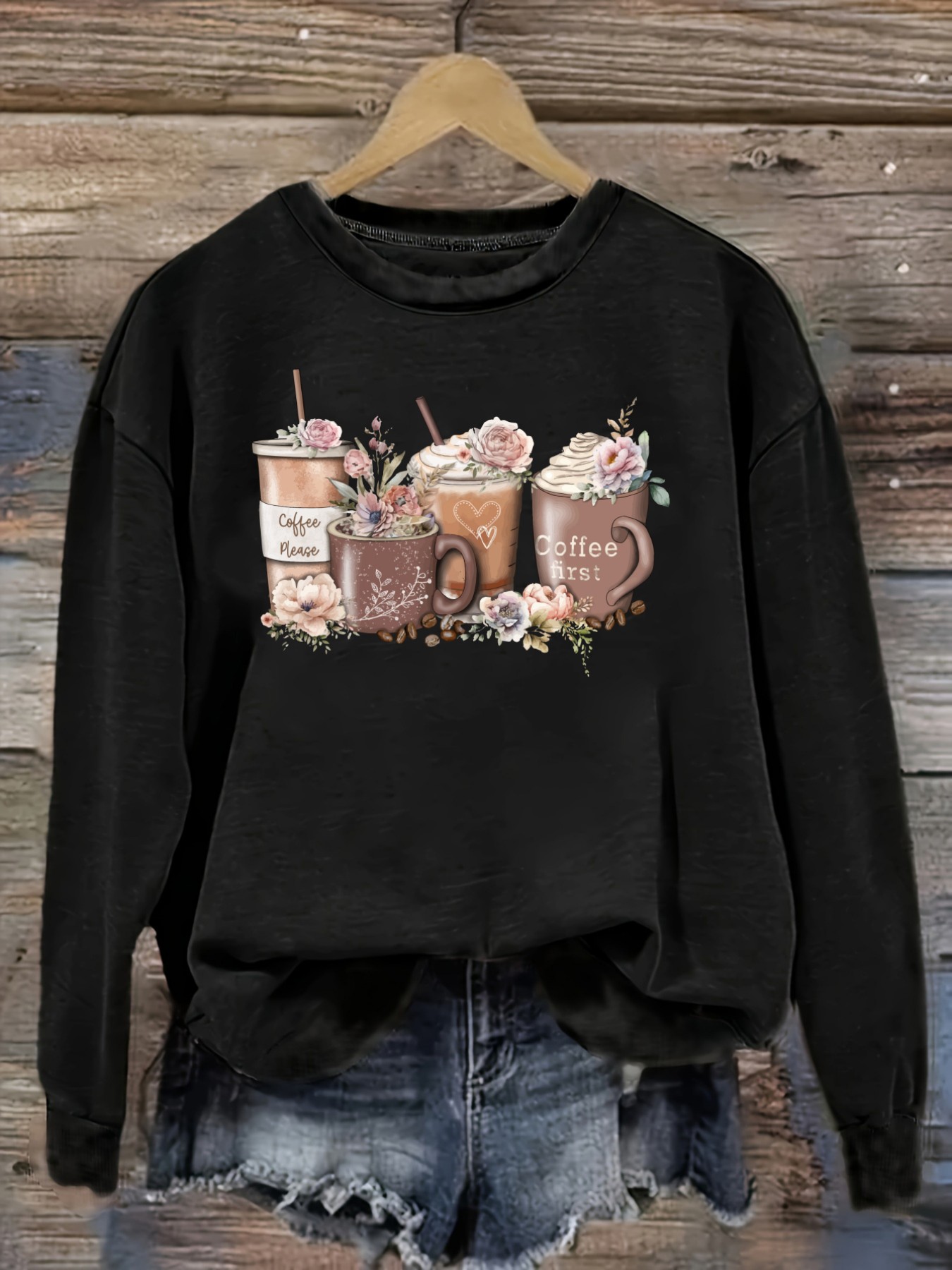 Coffee&Tea House Menu - Damen-Freizeit-T-Shirt mit langen Ärmeln und Rundhalsausschnitt,