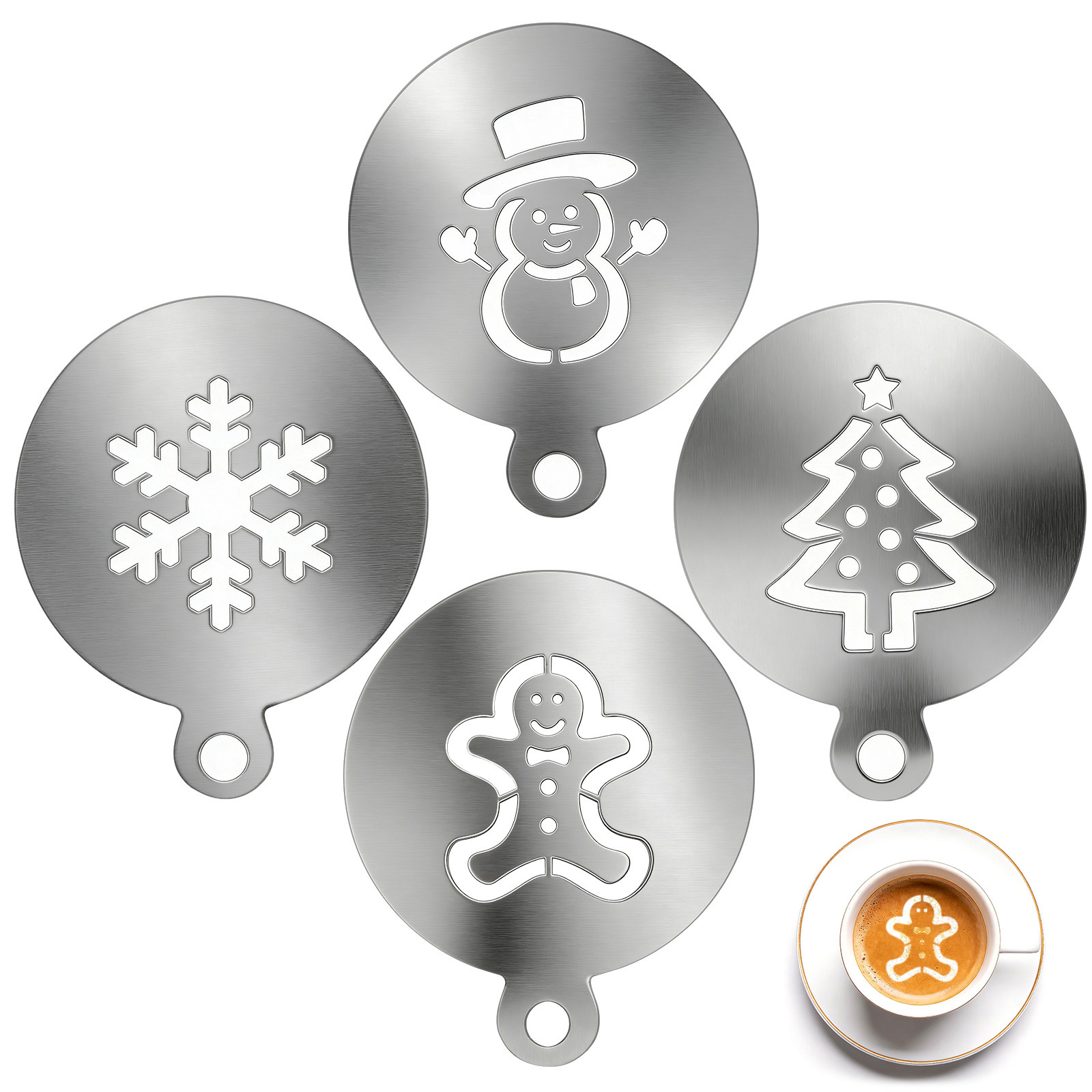Coffee Stencil Art - 4 Stück Weihnachts-Kuchen-Schablonen aus Edelstahl, kreative