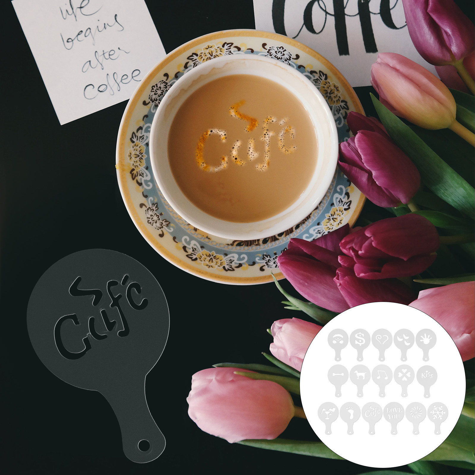 Coffee Stencil Art - 16-teiliges Set Kaffeeschablonen, professionelle Latte-Art-Schablonen, wiederverwendbar,