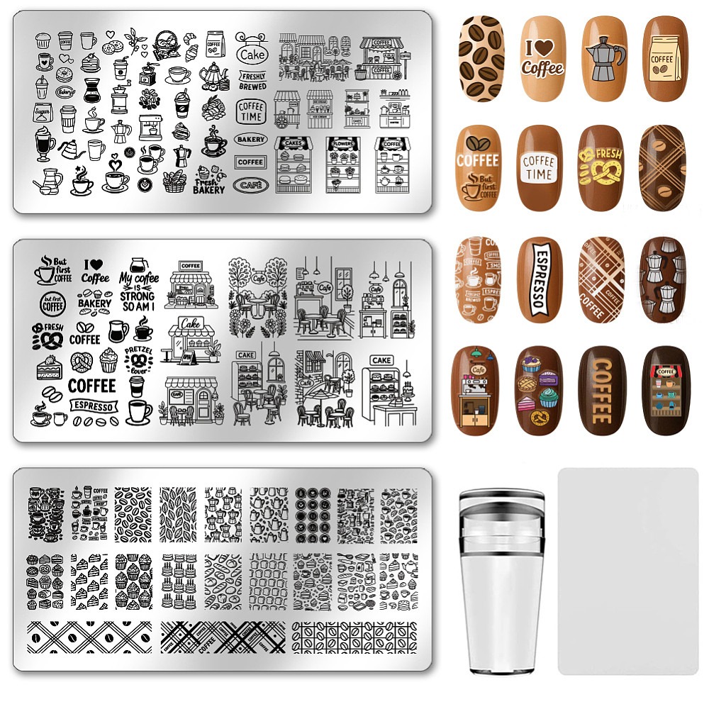 Coffee Stencil Art - 3 Stück Kaffee-Thema Nagelstempelplatten, Bäckerei-Dessert-Nagelkunst-Schablonen, Kaffeebohnen-Nagelstempel,